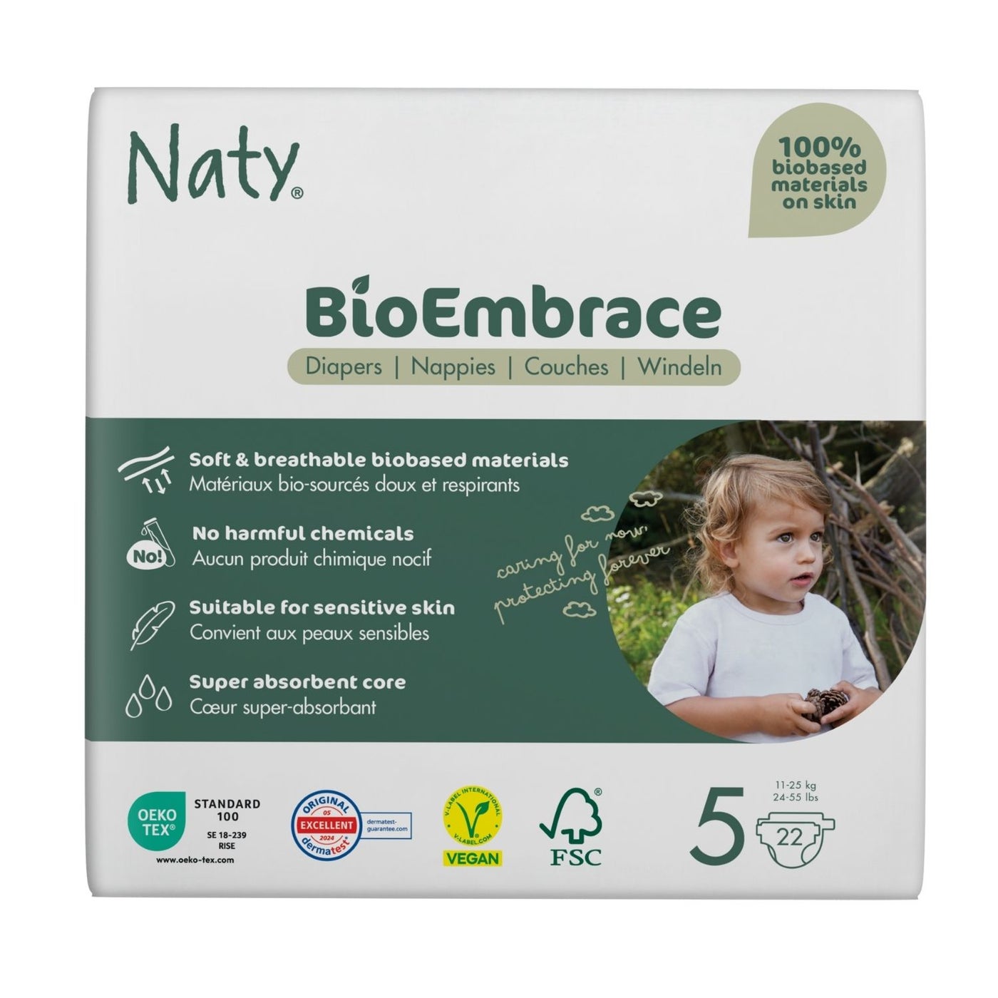 BioEmbrace Baby Diapers Size 5 (11-25 kg),100% Biobased on Skin, Plant-Based Softness, Dermatologically Tested and Super Absorbent, Pack of 22